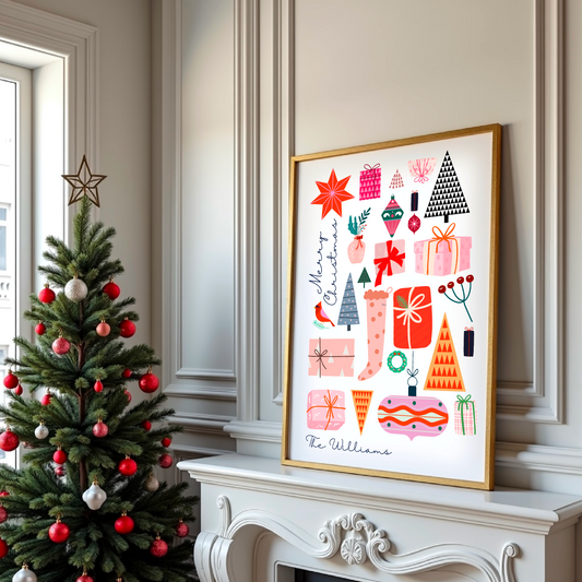 Custom Name Cute Christmas Art Geometric Christmas Retro Holiday Mod Christmas Poster Personalized Christmas Poster