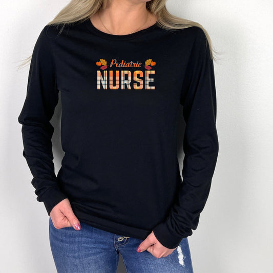 Fall Pediatric Nurse T-Shirt with Autumn Colors, Pediatric Long Sleeve Tee Shirt for Fall, Plaid Lettering Pediatric Nurse T Shirt