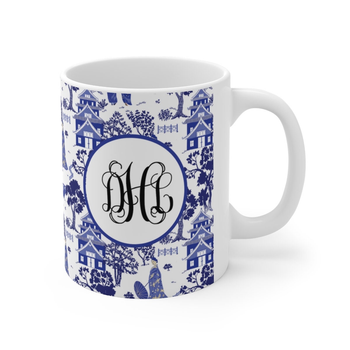 Chinoiserie Blue Toile Design Grandmillennial Personalized Ceramic Mug 11oz