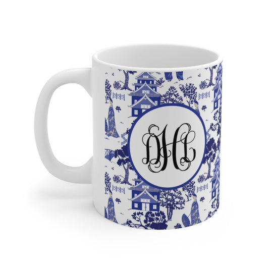 Chinoiserie Blue Toile Design Grandmillennial Personalized Ceramic Mug 11oz