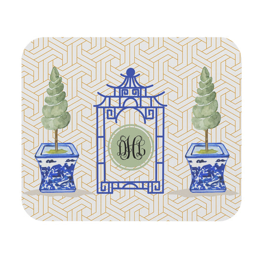 Chinoiserie Monogrammed Mouse Pad, Chinoiserie Topiary Design Gift for Her, Grandmillenial Personalized Style Mouse Pad