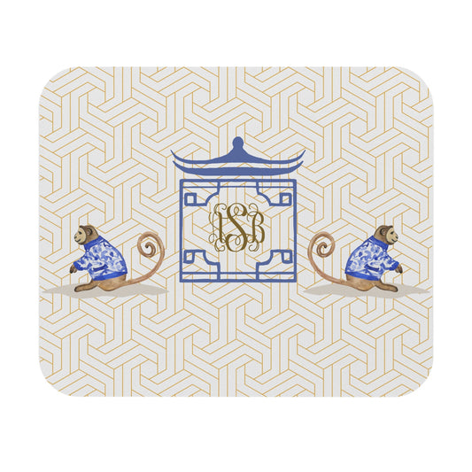 Chinoiserie Monogrammed Mouse Pad, Chinoiserie Monkey Design Gift for Her, Grandmillenial Personalized Style Mouse Pad