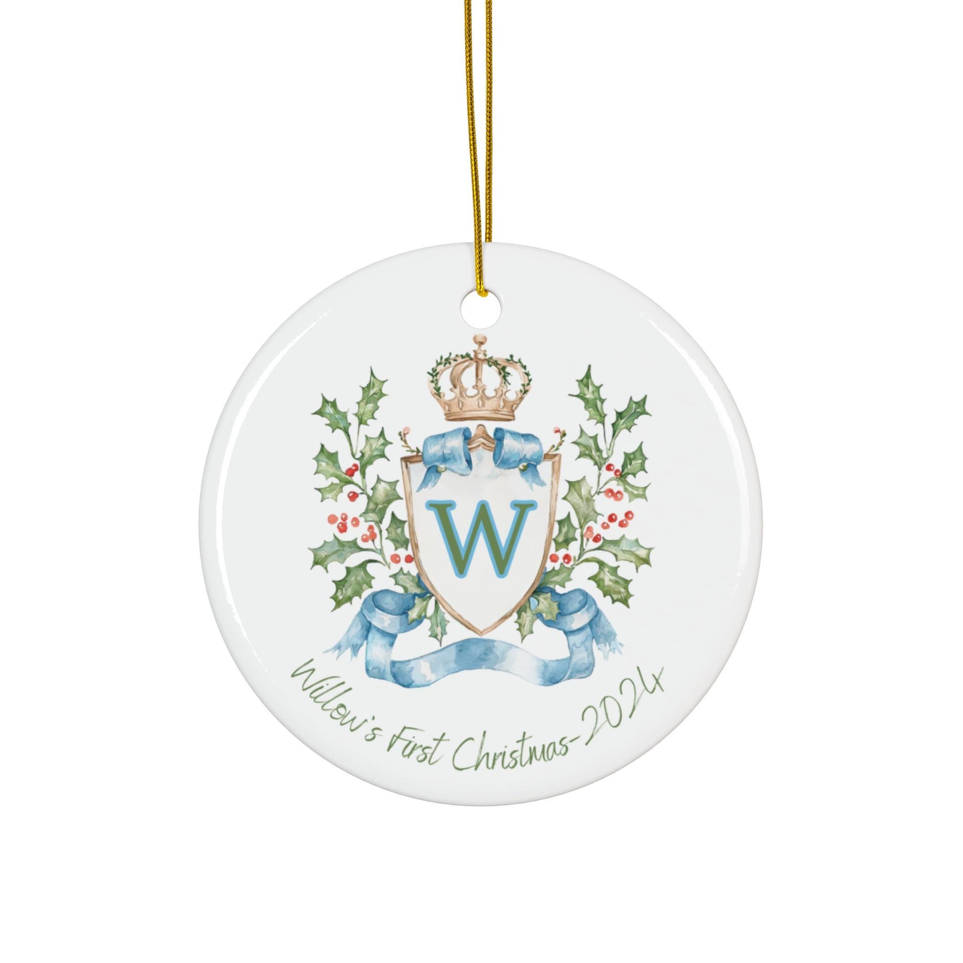 Ceramic Ornament, Baby's First Christmas Personalized Keepsake, Holiday Watercolor Monogram Crest for Baby, Baby's First Christmas Gift,