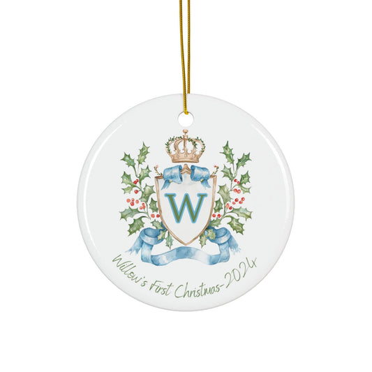 Ceramic Ornament, Baby's First Christmas Personalized Keepsake, Holiday Watercolor Monogram Crest for Baby, Baby's First Christmas Gift,