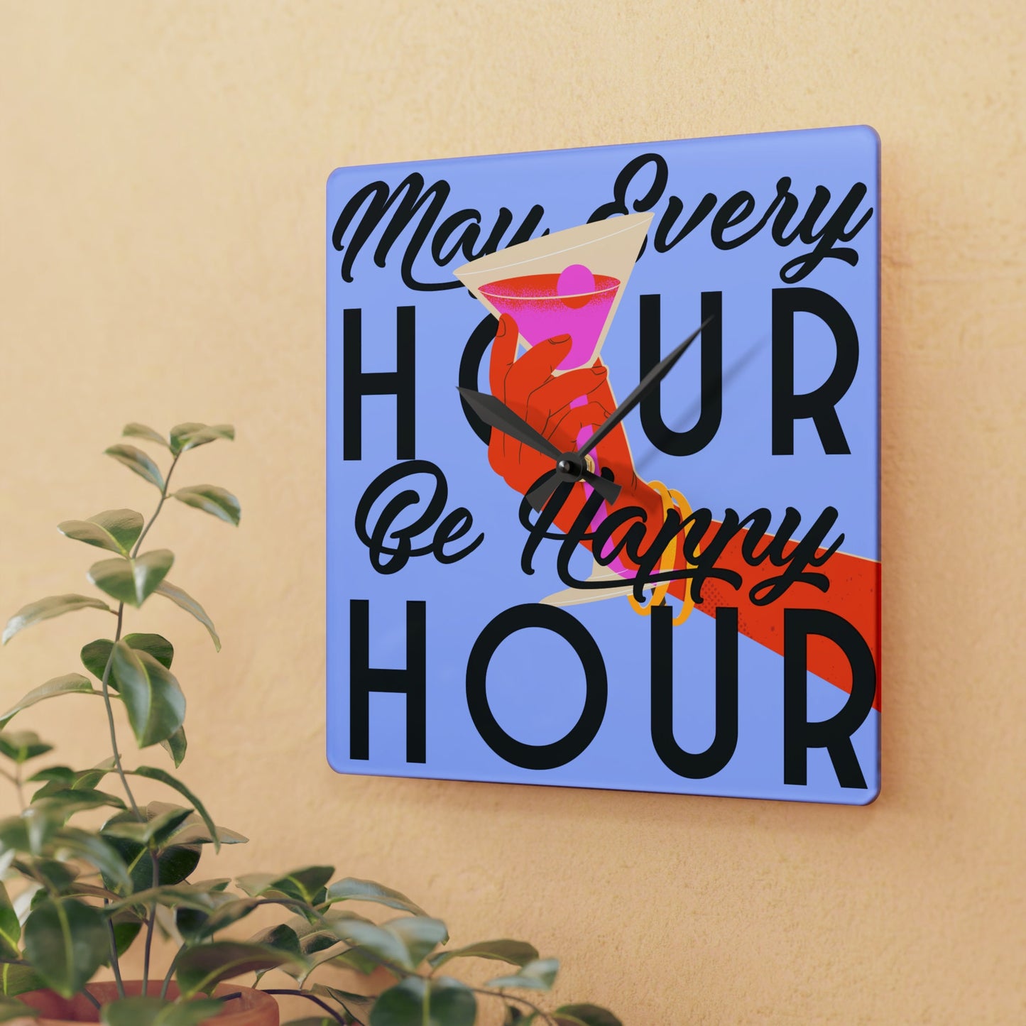 Funny Happy Hour Wall Clock Drinking Quote Acrylic Wall Clock