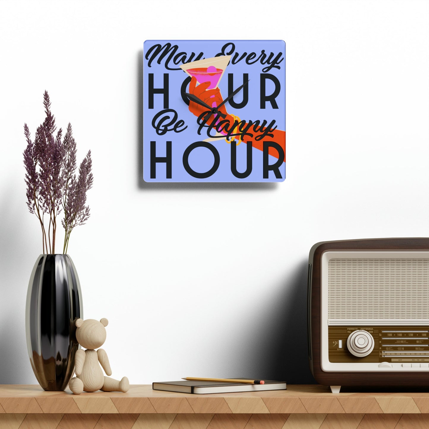 Funny Happy Hour Wall Clock Drinking Quote Acrylic Wall Clock