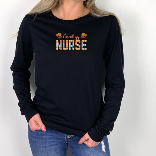 Fall Oncology Nurse T-Shirt with Autumn Colors, Oncology Long Sleeve Tee Shirt for Fall, Plaid Lettering Oncology Nurse T Shirt, Oncology T