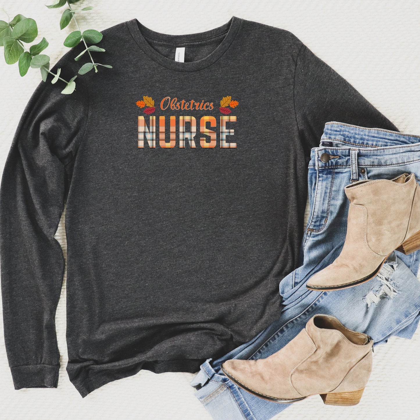 Fall OB Nurse T-Shirt with Autumn Colors, OB Nurse Long Sleeve Tee Shirt for Fall, Plaid Lettering Obstetrics Nurse T Shirt,, L&D Nurse T