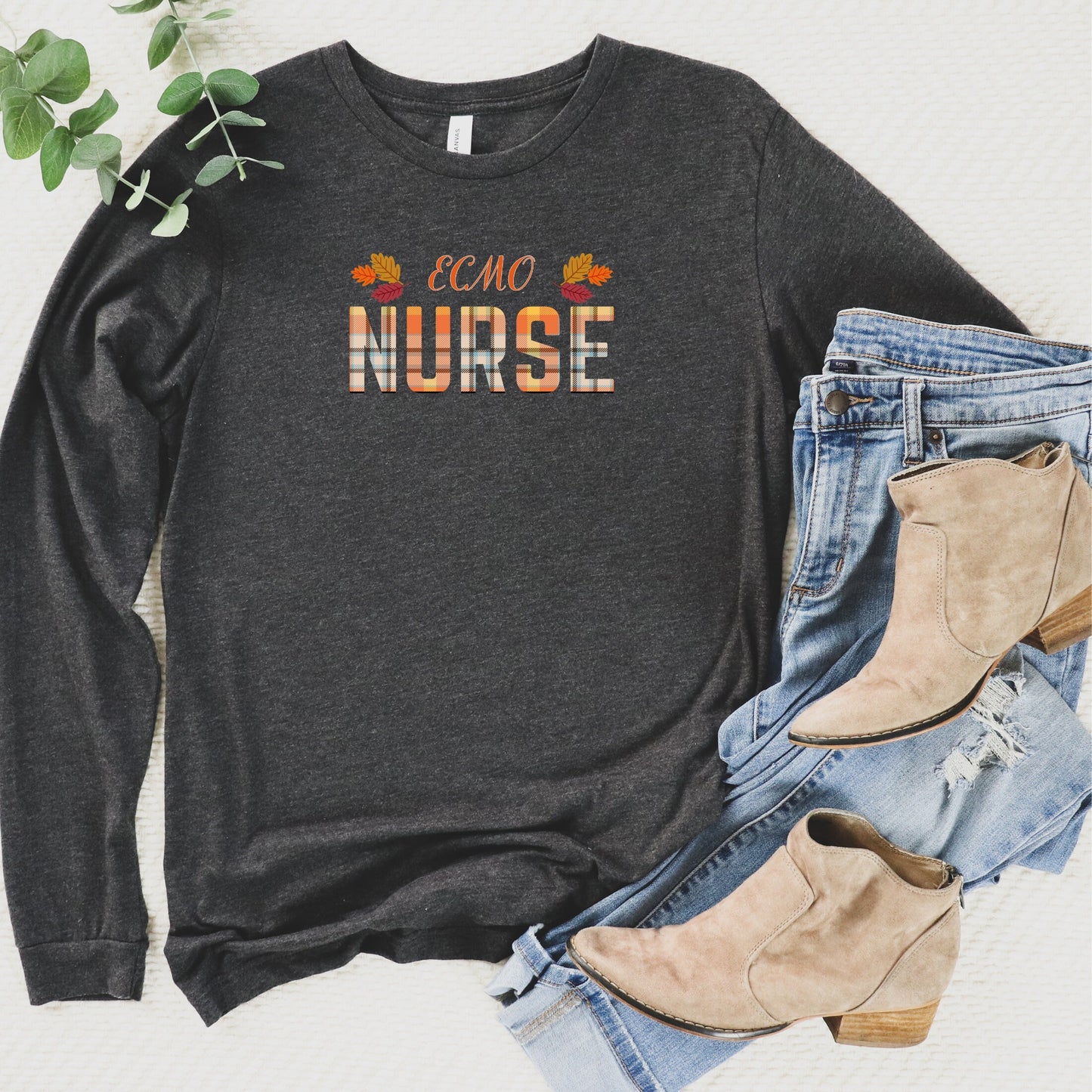 Fall ECMO Nurse T-Shirt with Autumn Colors, ECMO Long Sleeve Shirt for Fall, Plaid Lettering ECMO Nurse T Shirt