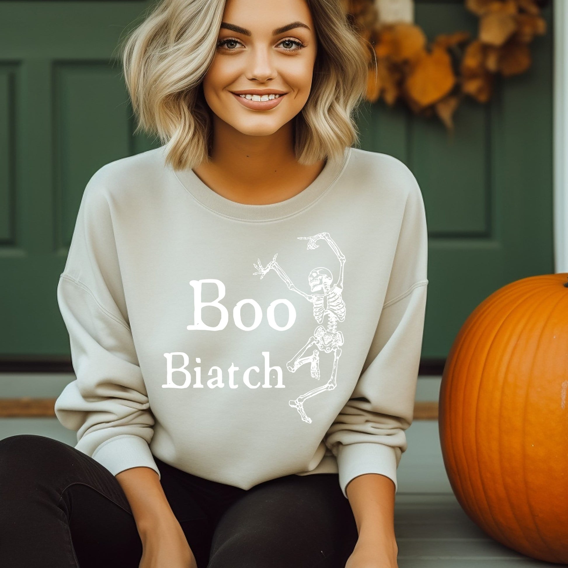 Women's Boo Biatch Funny Halloween Shirt Dancing Skeleton Cute Crewneck Fall Sweatshirt