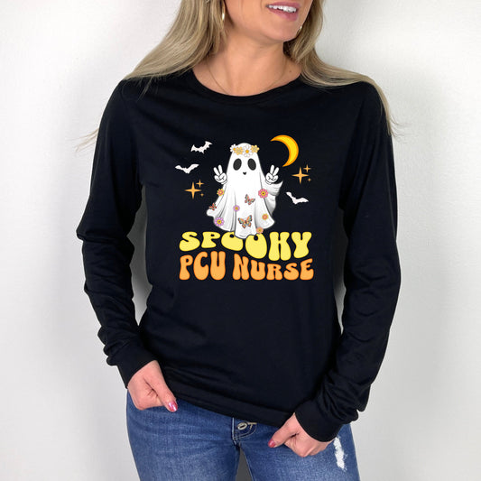 Retro PCU Nurse Halloween Shirt, Progressive Care Unit Nurse tshirt, Halloween Nurse T-shirts, Cute Ghost Long Sleeve Nurse Tee