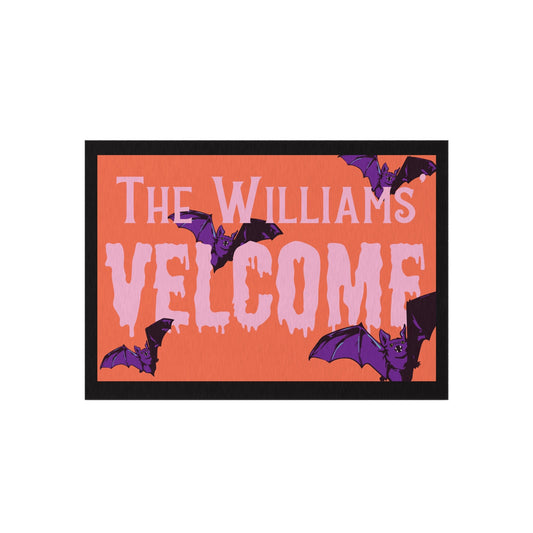 Funny Personalized Halloween Welcome Door Mat with Bats and Your Family's Name - Spooktacular Dracula Home Décor