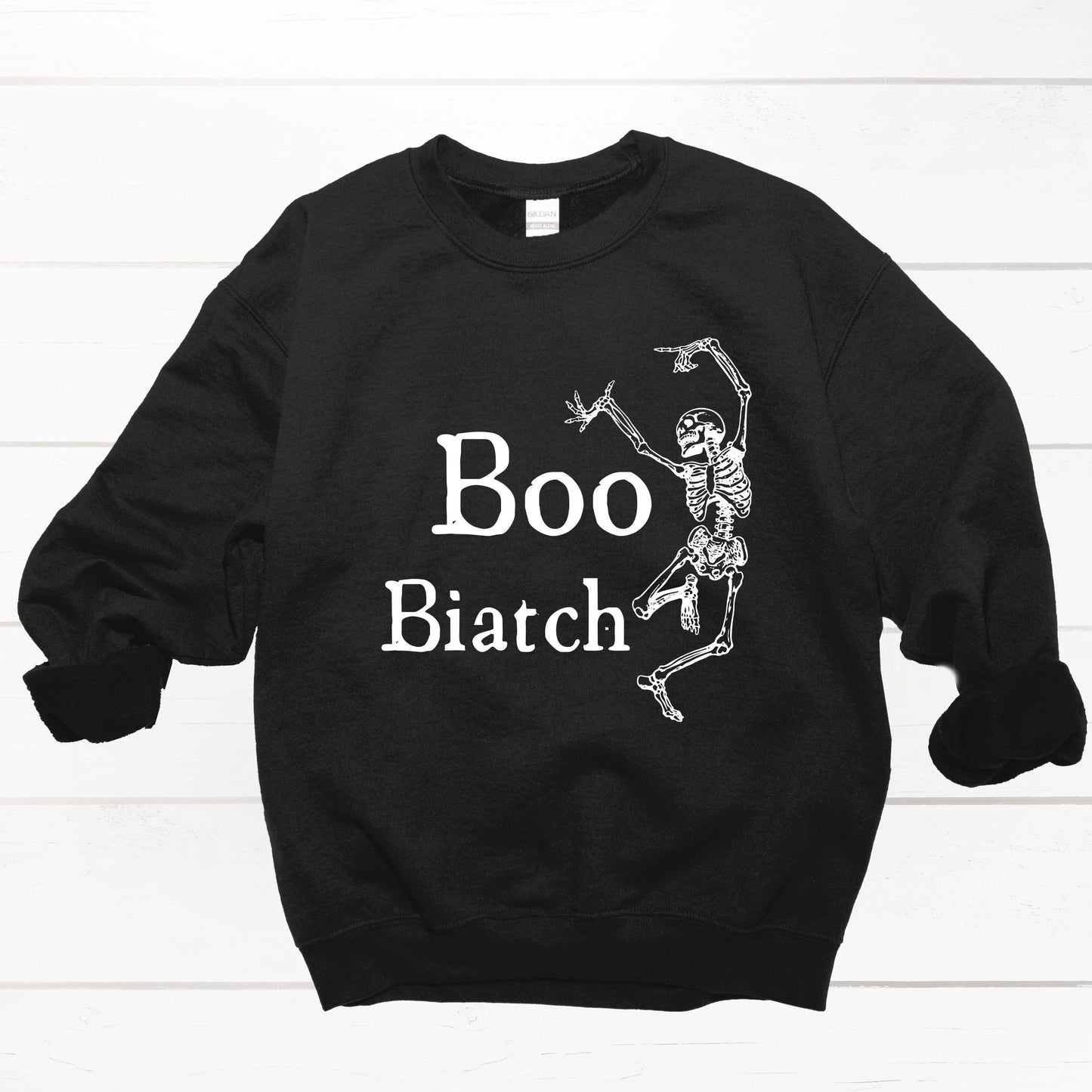 Women's Boo Biatch Funny Halloween Shirt Dancing Skeleton Cute Crewneck Fall Sweatshirt